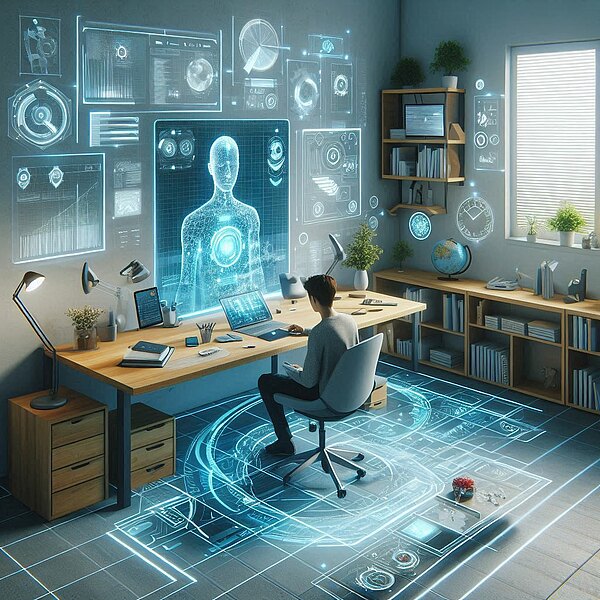 Ein modernes digitales Arbeitszimmer mit physischen und digitalen Arbeitskomponenten, einschließlich holografischer Bildschirme, interaktiver Whiteboards und virtueller Assistenten.