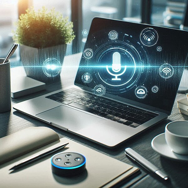 Ein moderner Arbeitsplatz zeigt einen Laptop und ein Smart-Home-Gerät, umgeben von digitalen Sprachwellen, die Voice Search symbolisieren. Dieses Bild illustriert die Integration fortschrittlicher Technologien in den täglichen Arbeitsablauf.