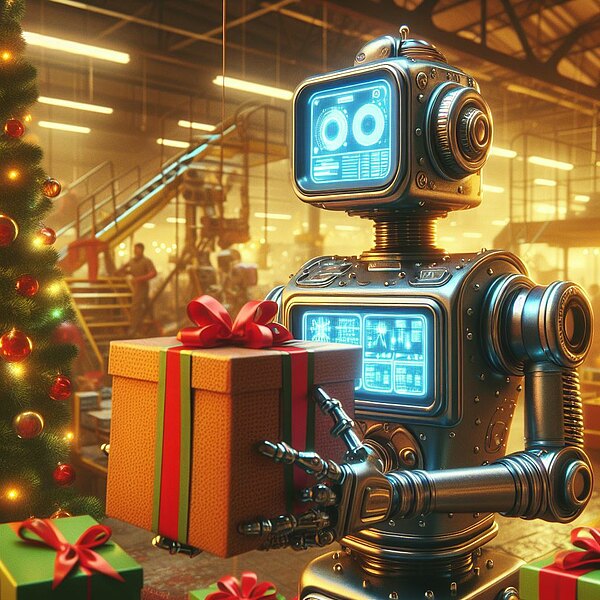 Ein Roboter mit KI verpackt in festlich geschmückter Umgebung Weihnachtsgeschenke.